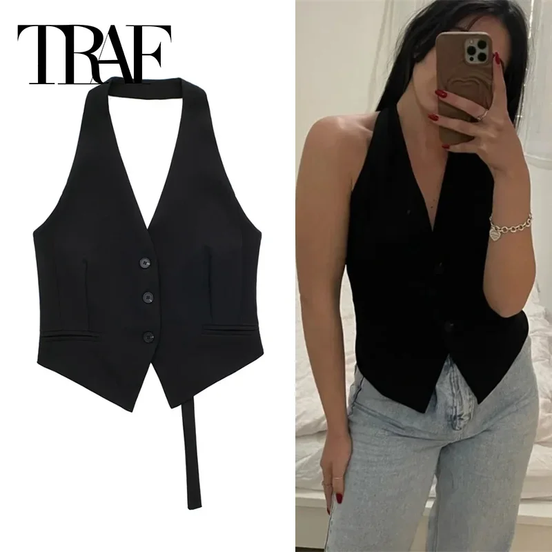 New 2025 Black Sleeveless Vest Women Off Shoulder Cropped Vest Woman Fashion Backless V Neck Short Coats Summer Waistcoat