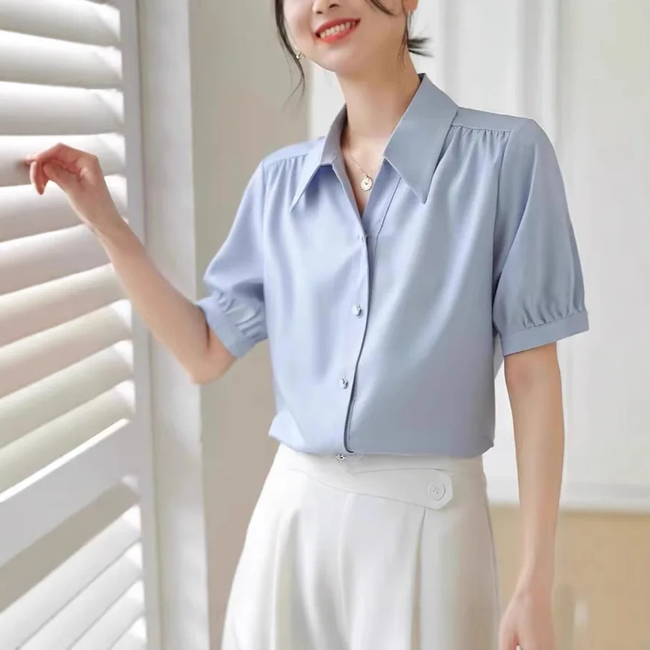 

2025 Blue Chiffon Short-sleeved Shirt Women's Summer V-neck Shirt Loose Tops Blusas Mujer Casual Blouse Women