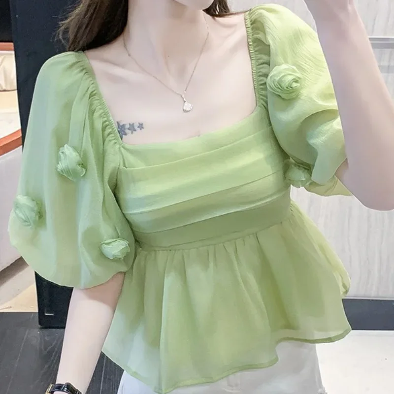 French Three Dimensional Flower Bottoming Blouse Square Neck Short Sleeve Shirt Women's Fashion Casual Puff Sleeve Top Z787