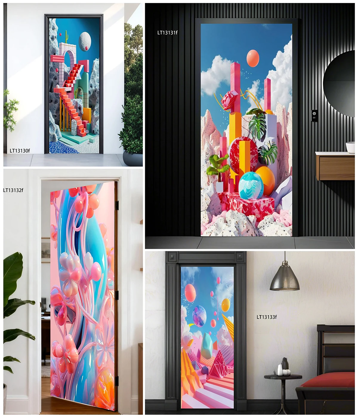 Waterproof Self-Adhesive Door Wallpaper Colorful 3D Abstract Geometric Bubble Plant Removable PVC Interior Door Home Decor