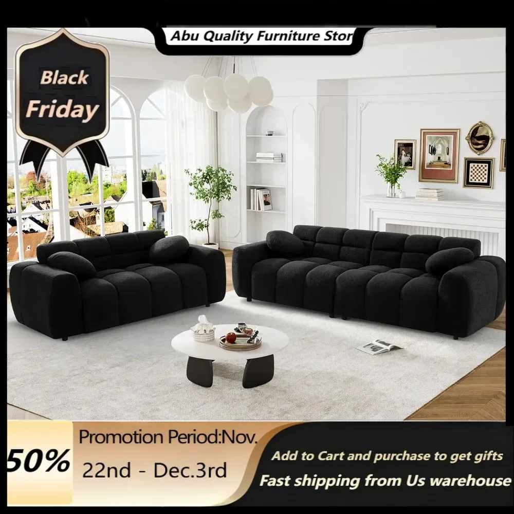 cloud sofa.2 Piece Boucle Sofa Sofa Set, Comfy Tufted Upholstered Sherpa Deep Seat Cloud Couch, Modern Cozy Teddy 3 Seater Sofa