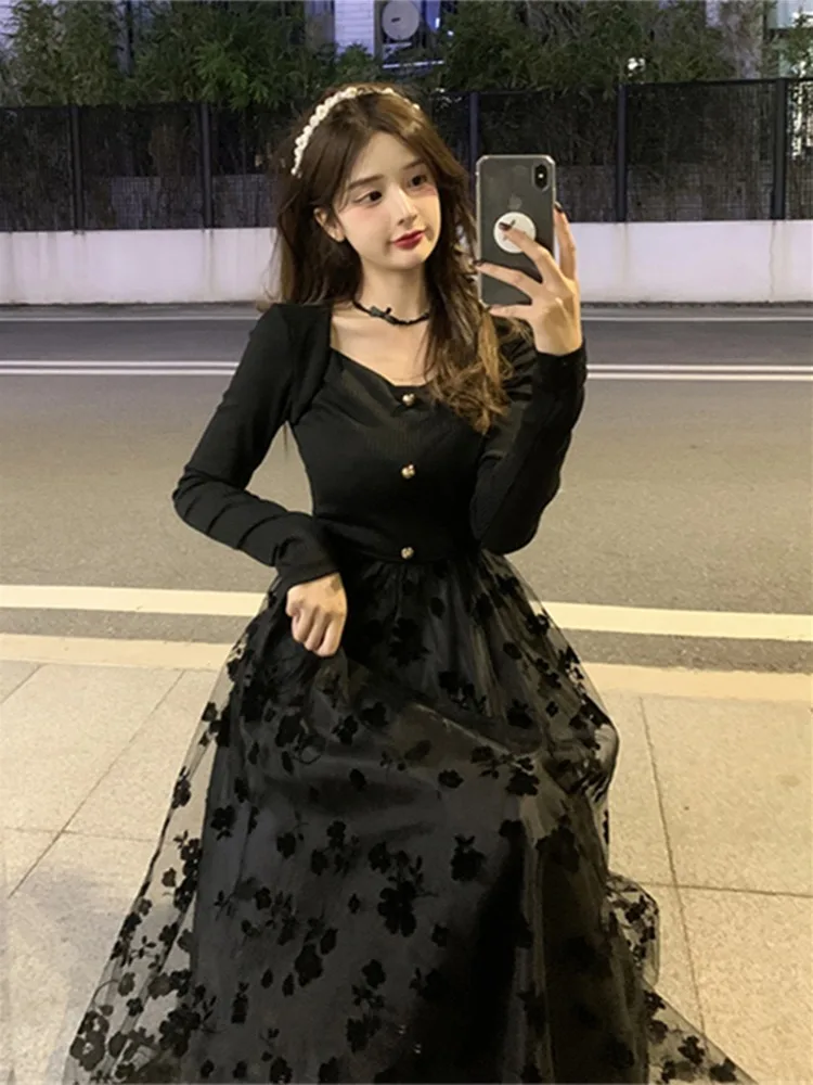 

Black Midi Dress Women Long SleeveVintage Mystic Gothic Mesh Rose-Printed Sweet Elegant Gentle Princess New Autumn Fashion Chic