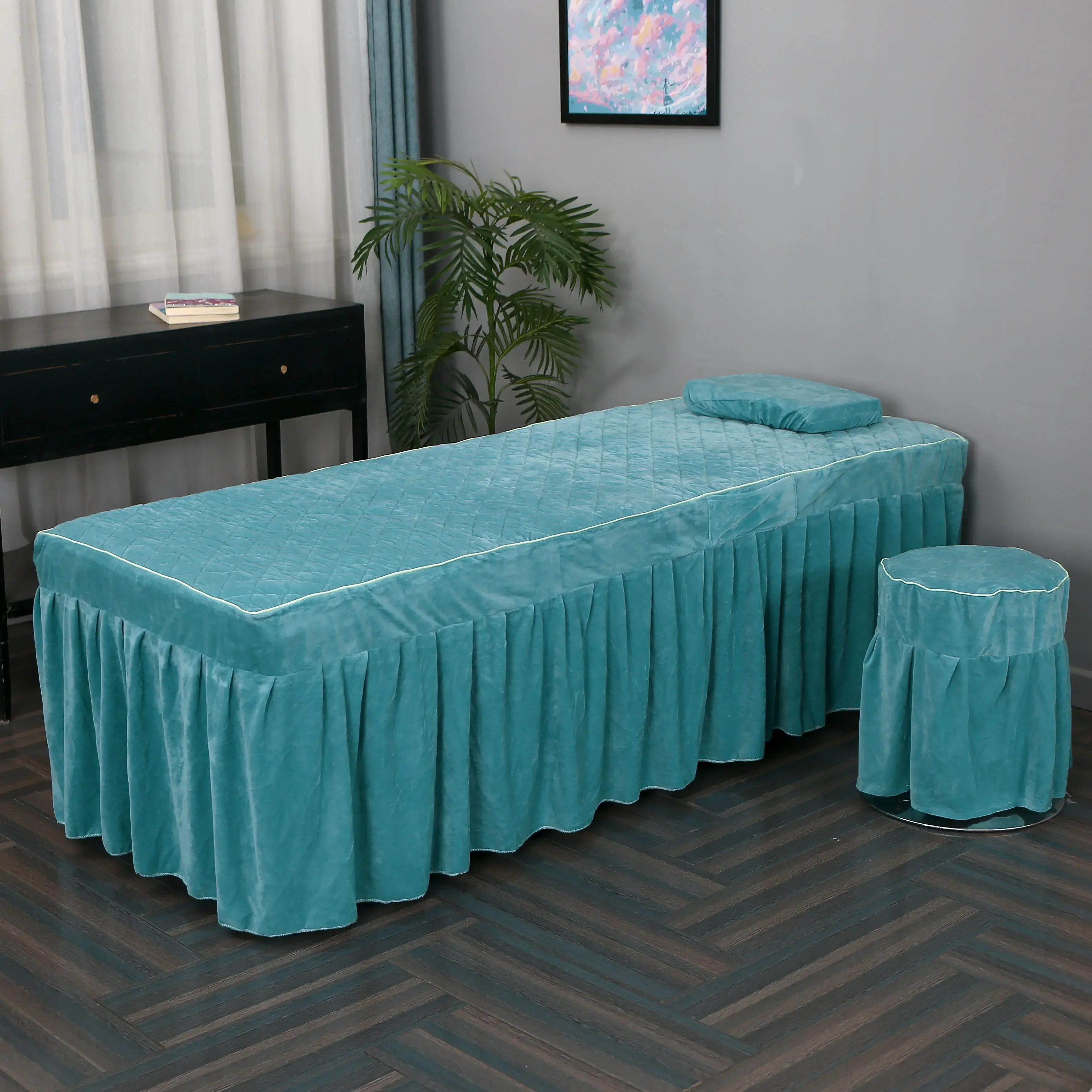 Crystal Velvet 2pcs Set Beauty Salon Bed Skirt+ Pillowcase SPA Skin-Friendly Massage Table Bed Cover Sheet Bedskirt with Hole