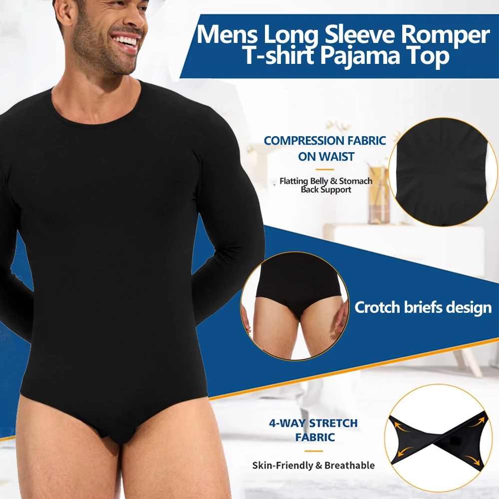 Body moldeador de cuerpo de manga larga para hombre, ropa interior con Control de cuerpo completo, ropa de hogar con cuello redondo, pijamas, entrenador de cintura