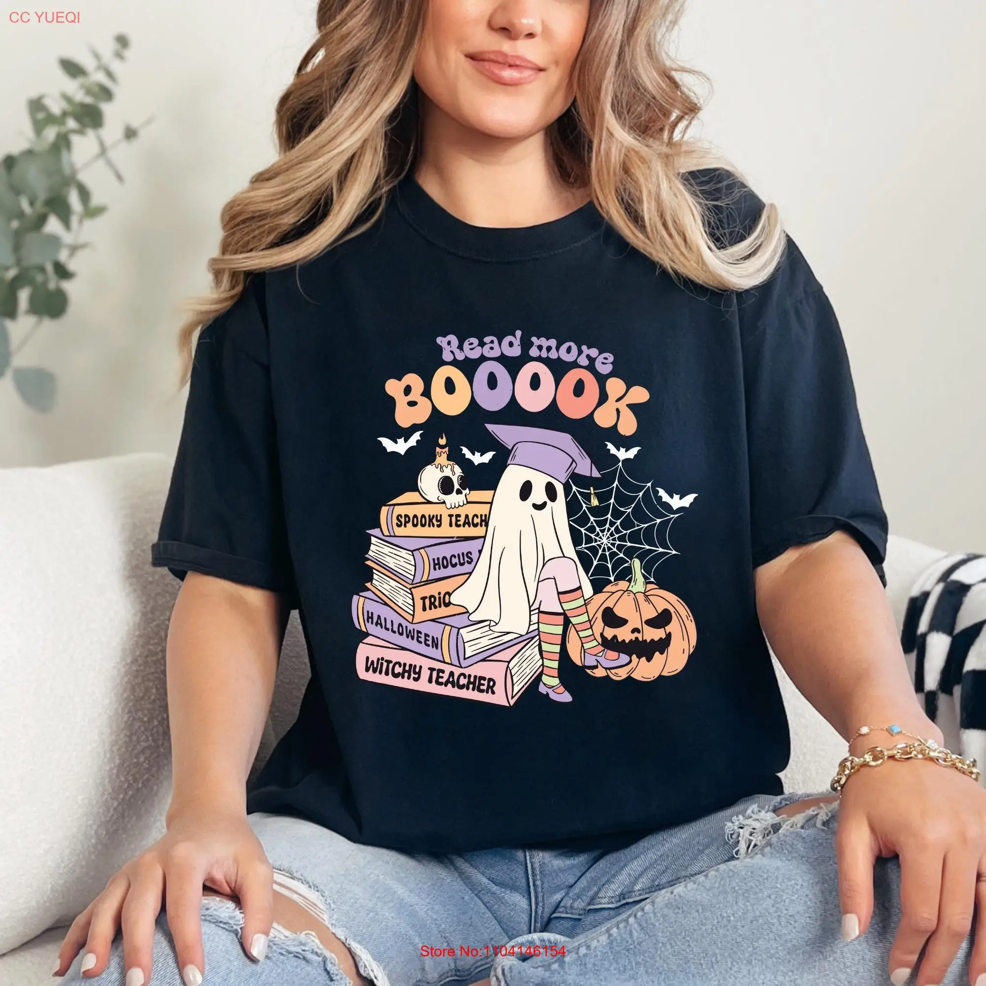 Comfort Colors Retro Read More Books Spooky Teacher T Shirt Cute Fall Halloween long or short sleeves