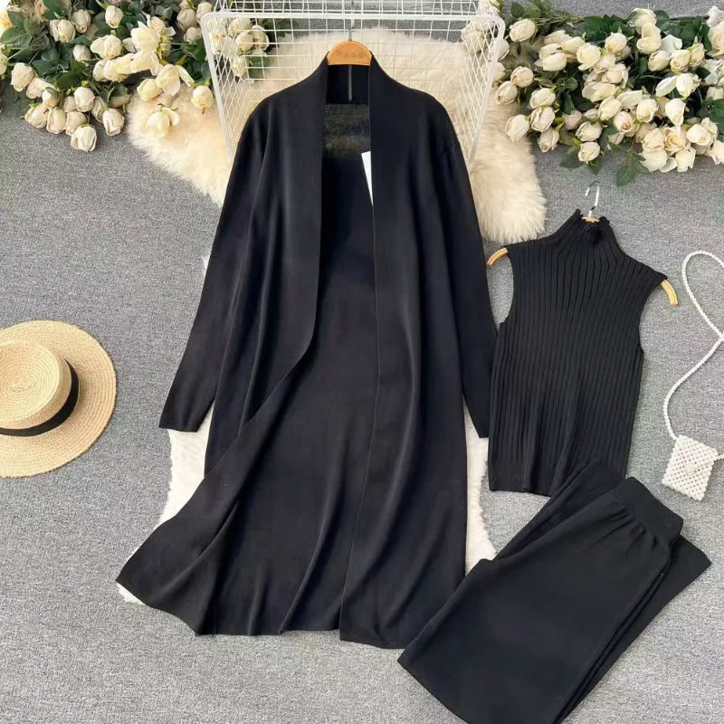 Blouse Pants Shawl Three-Piece Set Women's Stylish Solid Color Coat High Neck Base Layer Knit Top Wide Leg New Minimalist Niche
