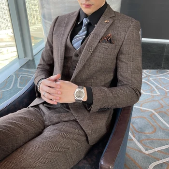 British Korean Style High Quality Modified Plaid Three-Piece Suit for Men - Stylish Business Casual Suit Vest And Trousers Set 5