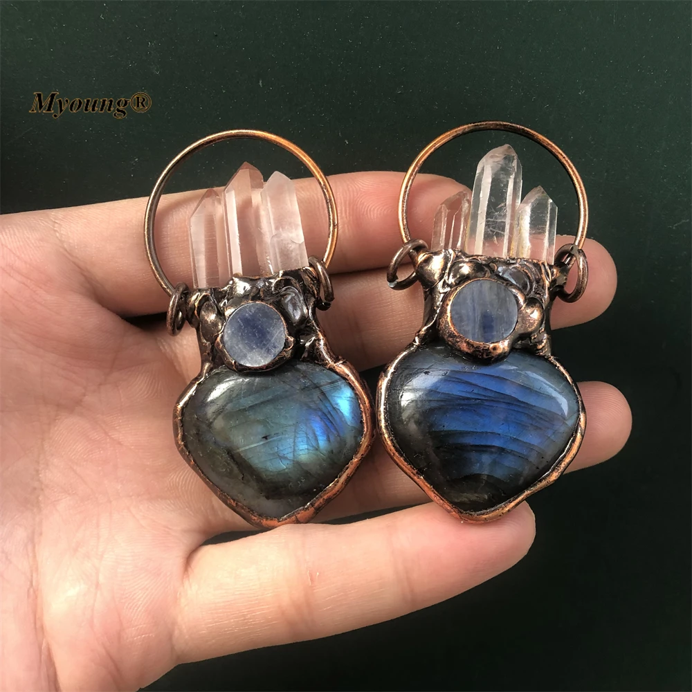 

5PCS Bronze Plated Large Heart Shape Natural Flash Labradorite Stone Vintage Necklace Pendants Boho Antique Jewelry MY221125