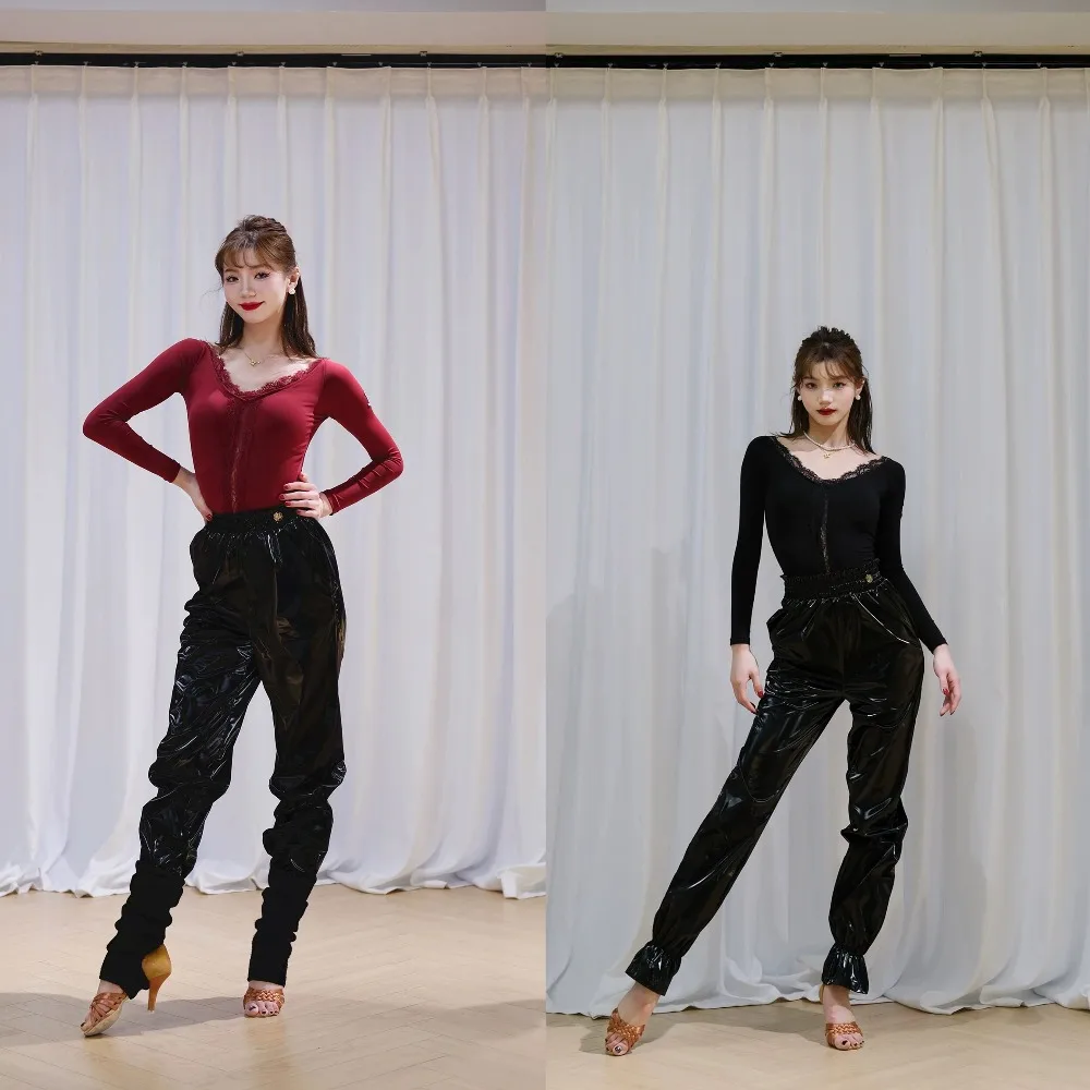 Customized Latin Dance Sauna Pants Black Glossy Sweat Trousers Professional Chacha Rumba Samba Dance Training Clothes Adult