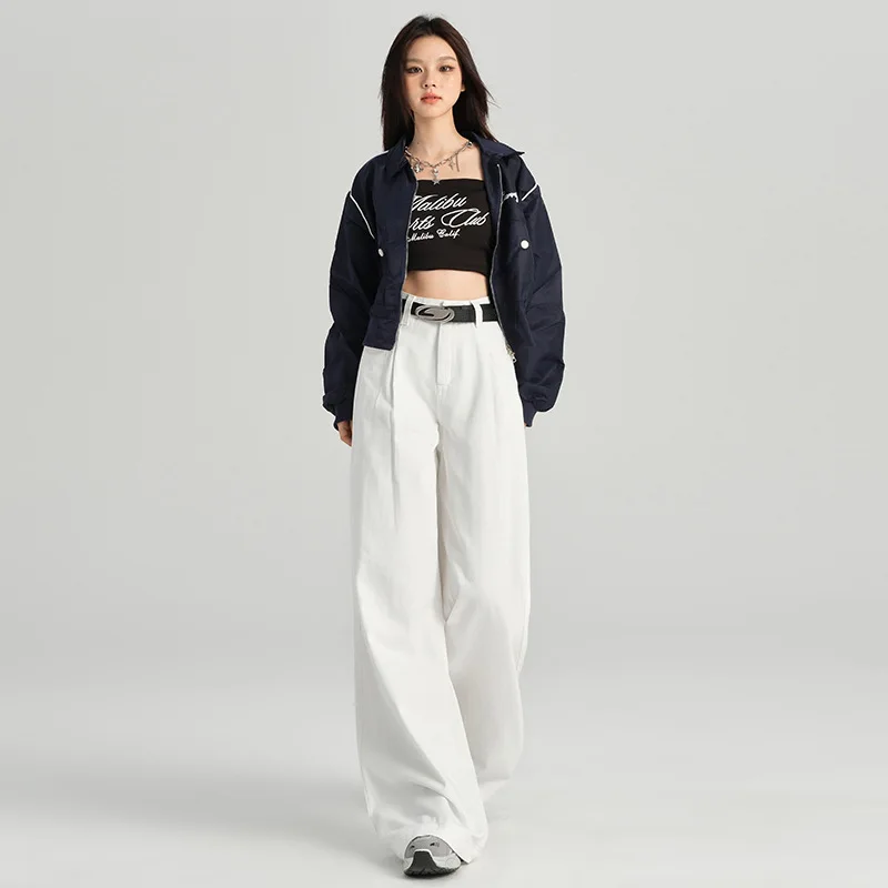 

American Style Pure White Straight Leg Jeans for Women, Autumn New Niche High Waist Loose Slimming Draped Narrow Wide Leg Pants