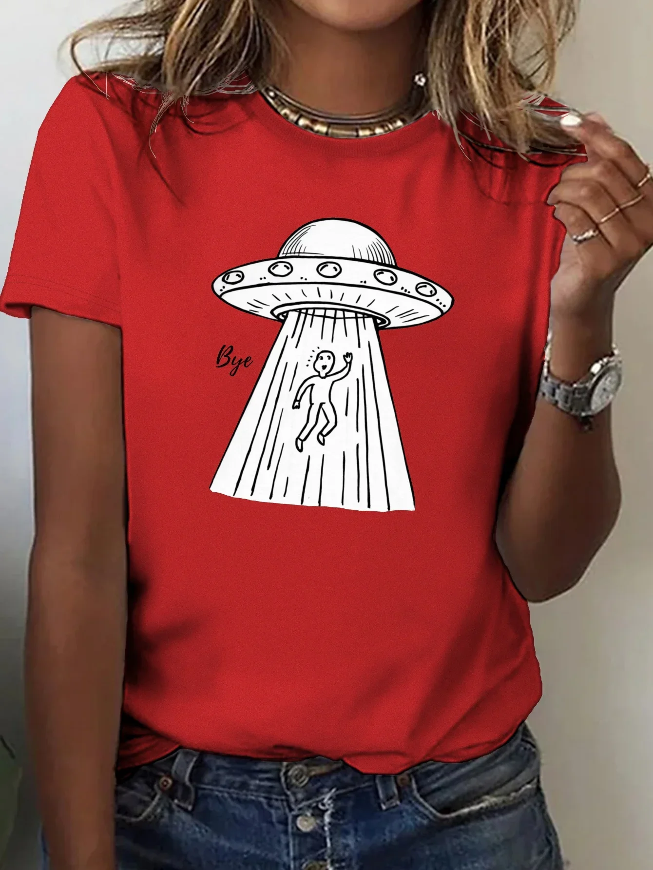 UFO with Human Funny Creative Printed Women T-shirt Comfortable Fit Short Sleeve Comfortable Soft Summer Fashion Women Clothing