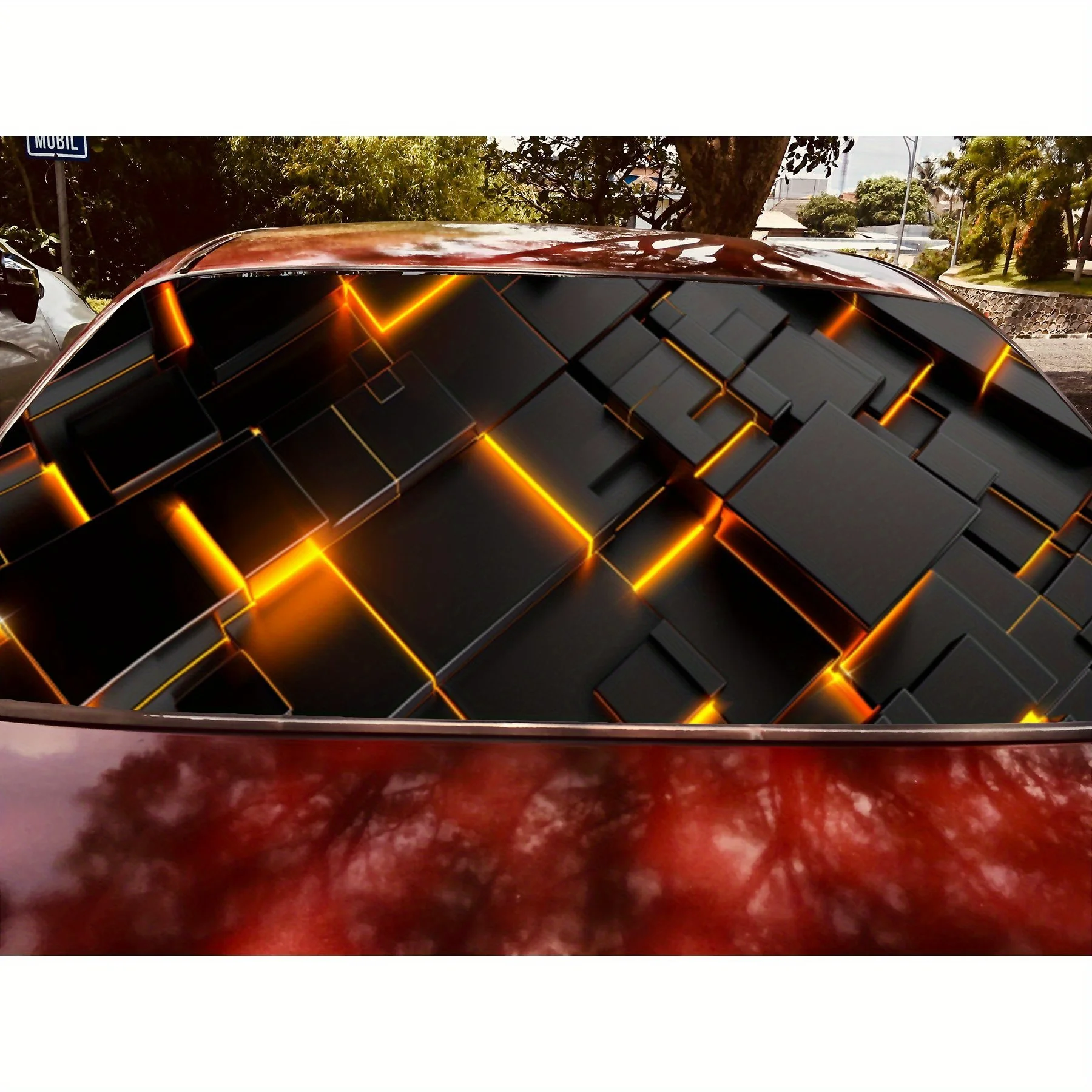 أغطية فينيل للسيارة مثقوبة من مادة PVC بتصميم هندسي سايبر برتقالي، تصميم معزز للخصوصية للنافذة الخلفية، ملصق الزجاج الأمامي للسيارة
