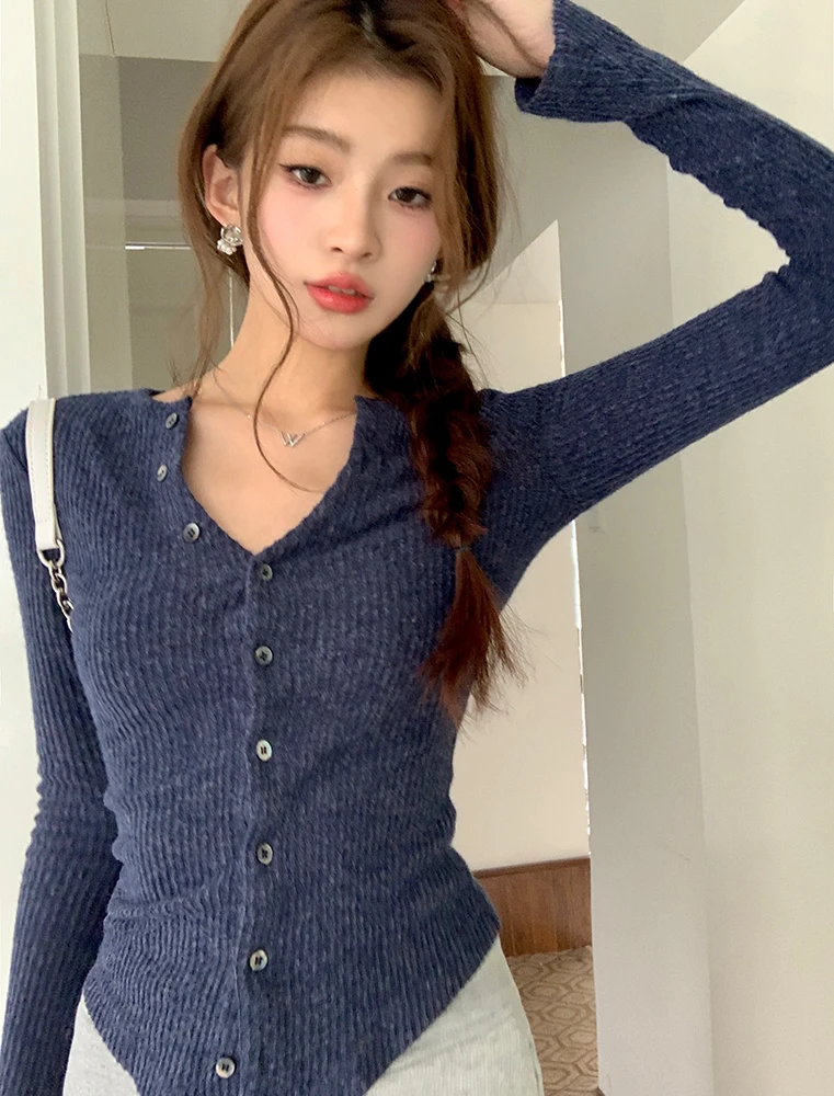 

Knitted Cardigan Women's 2023 Autumn New Korean Slim Solid Color V-Neck Sweater Coat