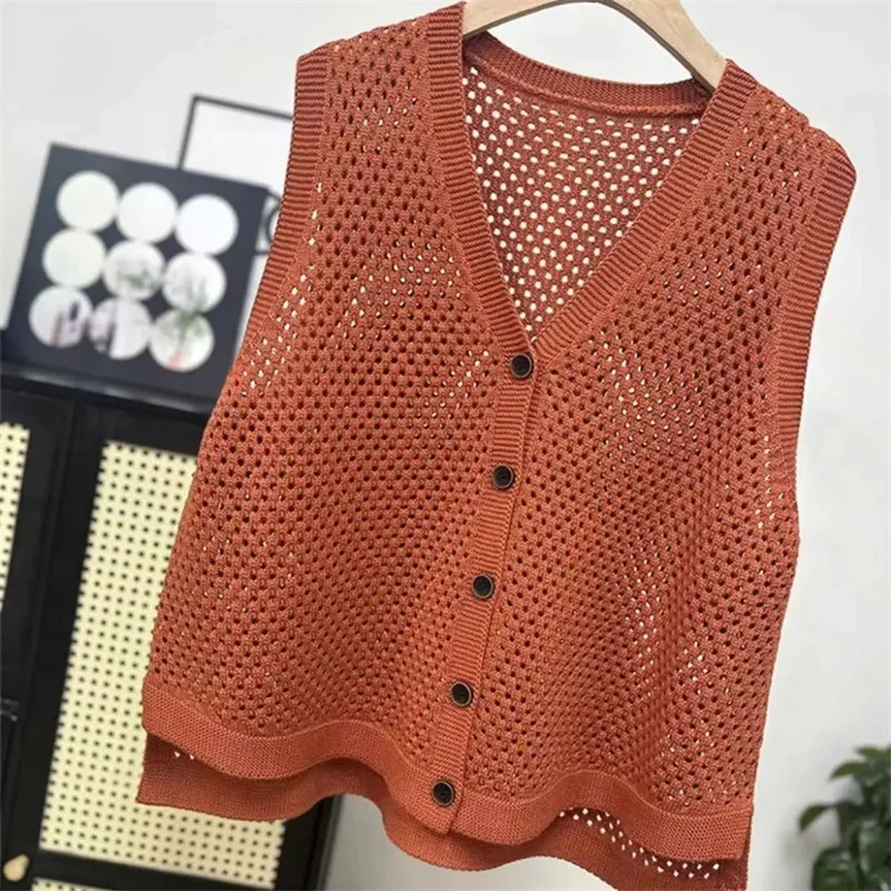 Knitted Vest Coat Women Spring Autumn 2025 New Hollow Sweater Sleeveless Jacket Ladies Loose Large Size Cardigan Waistcoat Top