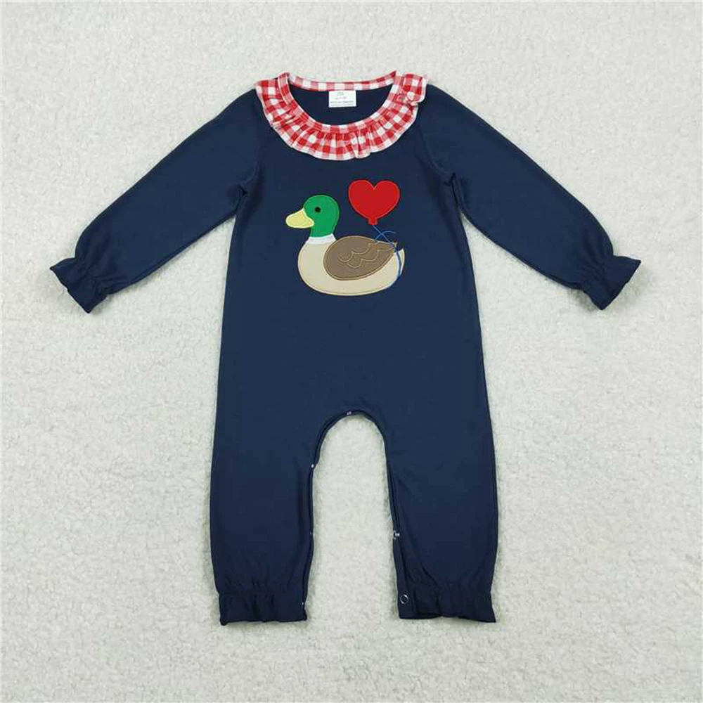 

11.28 Embroidery Heart Ducks Baby Girls Valentines Collar Ruffle Footie Rompers