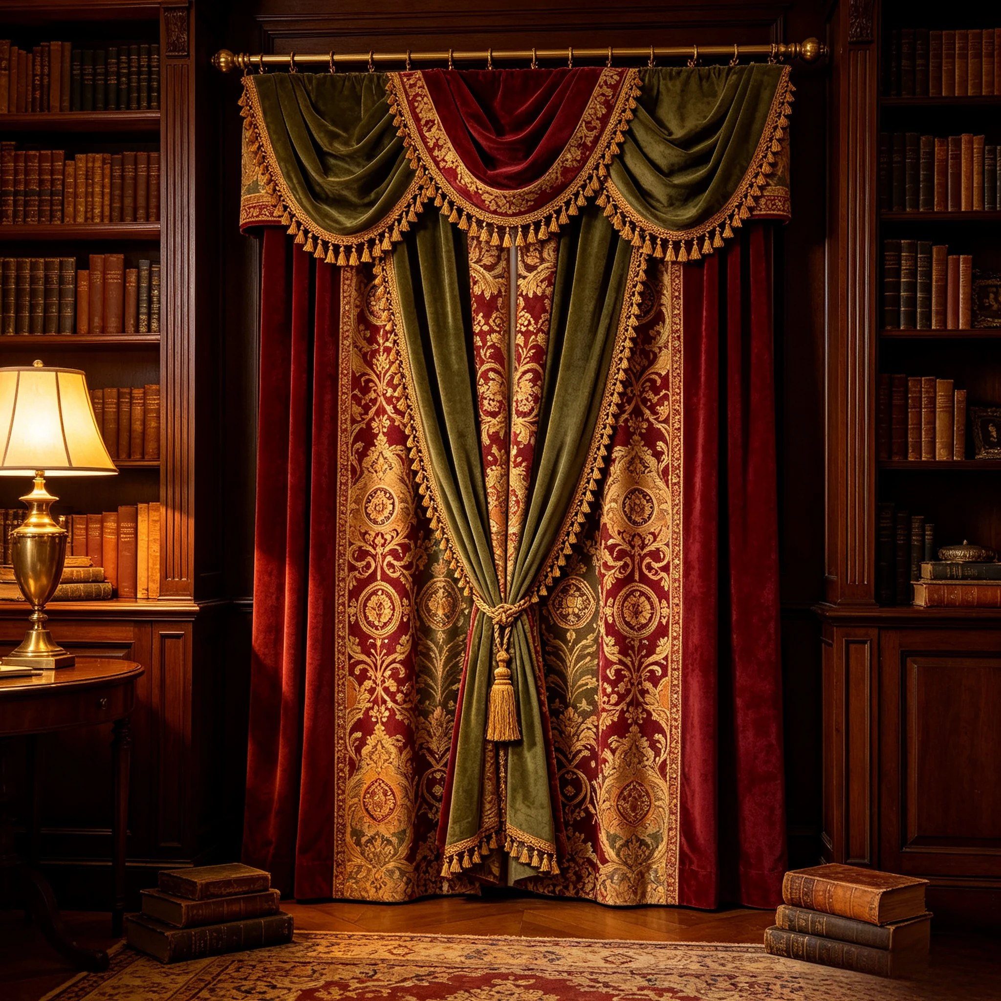 200232   Vintage study room wine red olive green woven Persian pattern gold hanging tassel curtains
