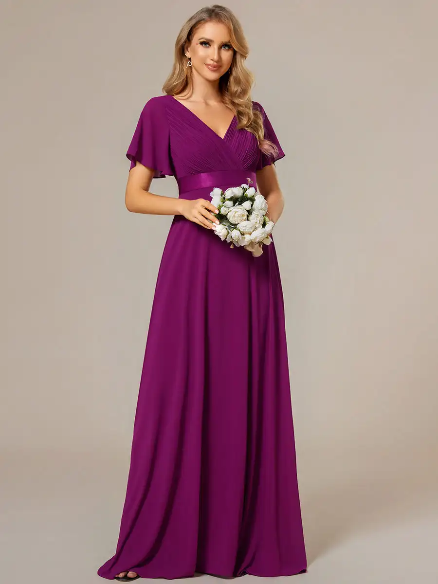 Elegant Evening Dresses V-Neck Ruffles Padded Empire waist Floor length 2025 Ever Pretty of Fuchsia Bridesmaid dress