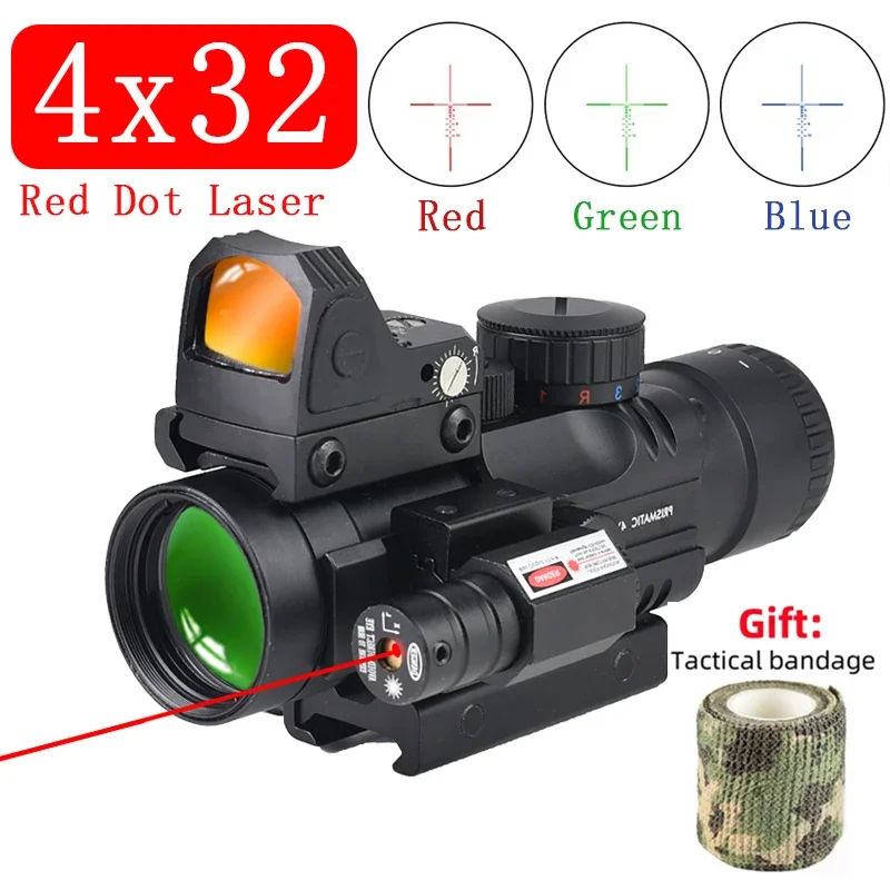 4X32 Tri-Illuminated Optics Riflescope with Red Dot Sight and Red/Green Laser Combo Outdoor Tactical Accessoirey Fit 20mm Rail