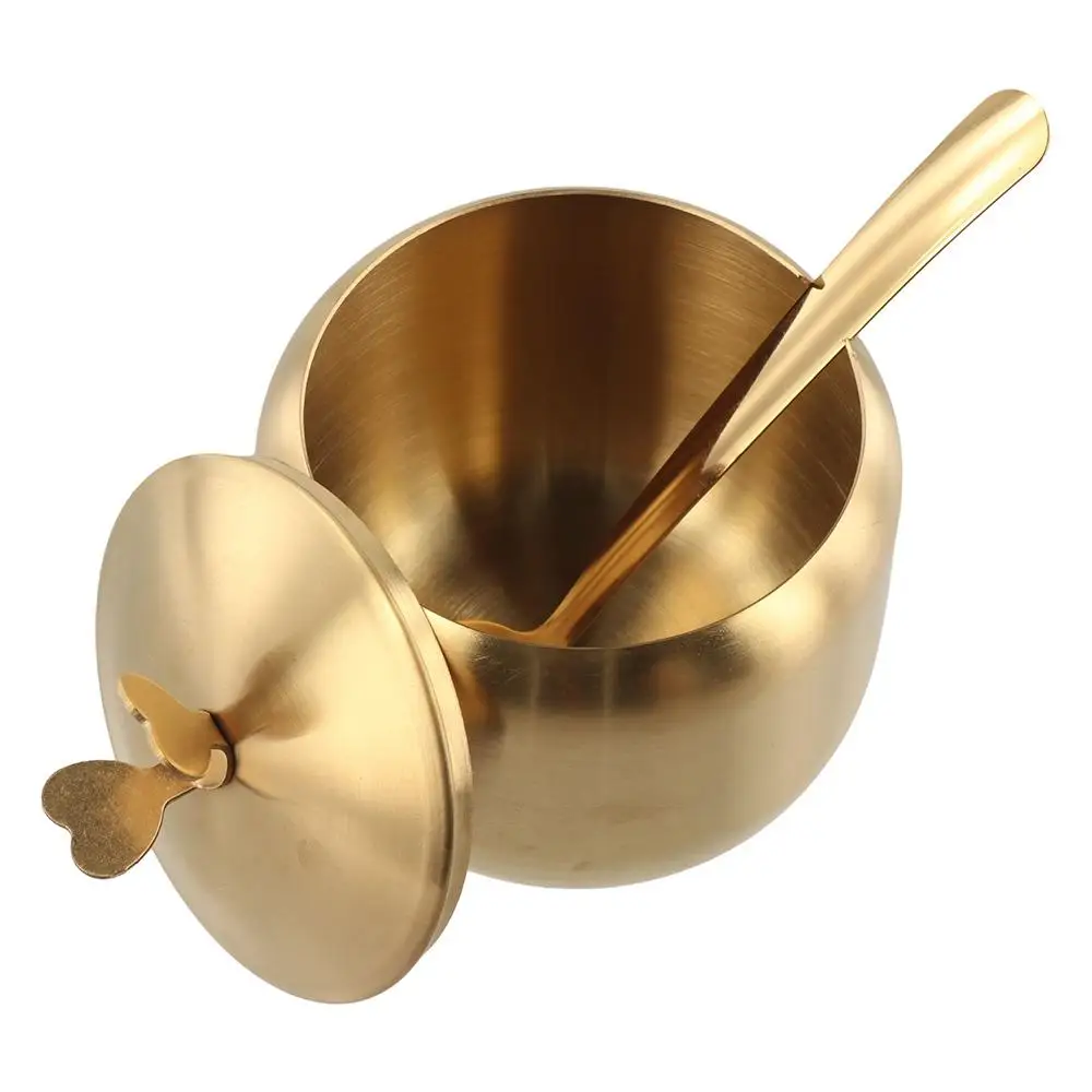 Useful Stainless Steel Sugar Bowl with Spoon Lid Gold Silver Storage Jar Durable Large Capacity Seasoning Pot Salt