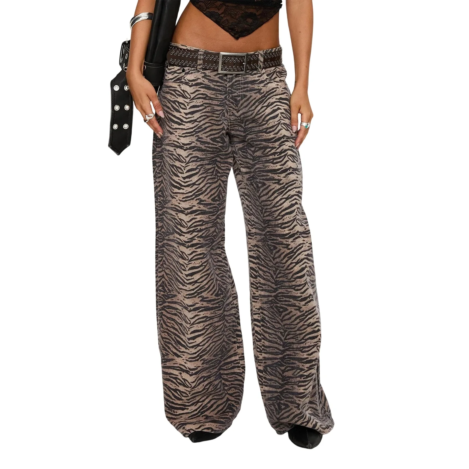 Women's Tiger Striped Denim Pants Fashionable Casual Low Waisted Wide Leg Jeans with Pockets