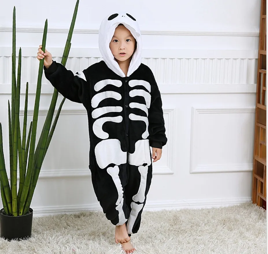 Child Funny Skeleton Bodysuit Costume Kids Fancy Pajamas Boy Girl Halloween Carnival Party Performance Clothes Plush Sleepwear