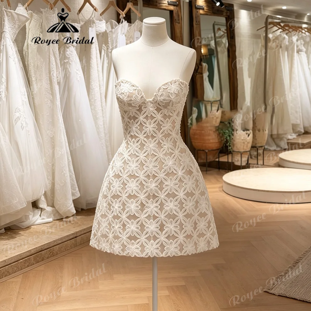 2027 Strapless Sweetheart Short Wedding Dress Floral Lace Corset Knee Length Abiti Da Sposa Reception Dress Customized