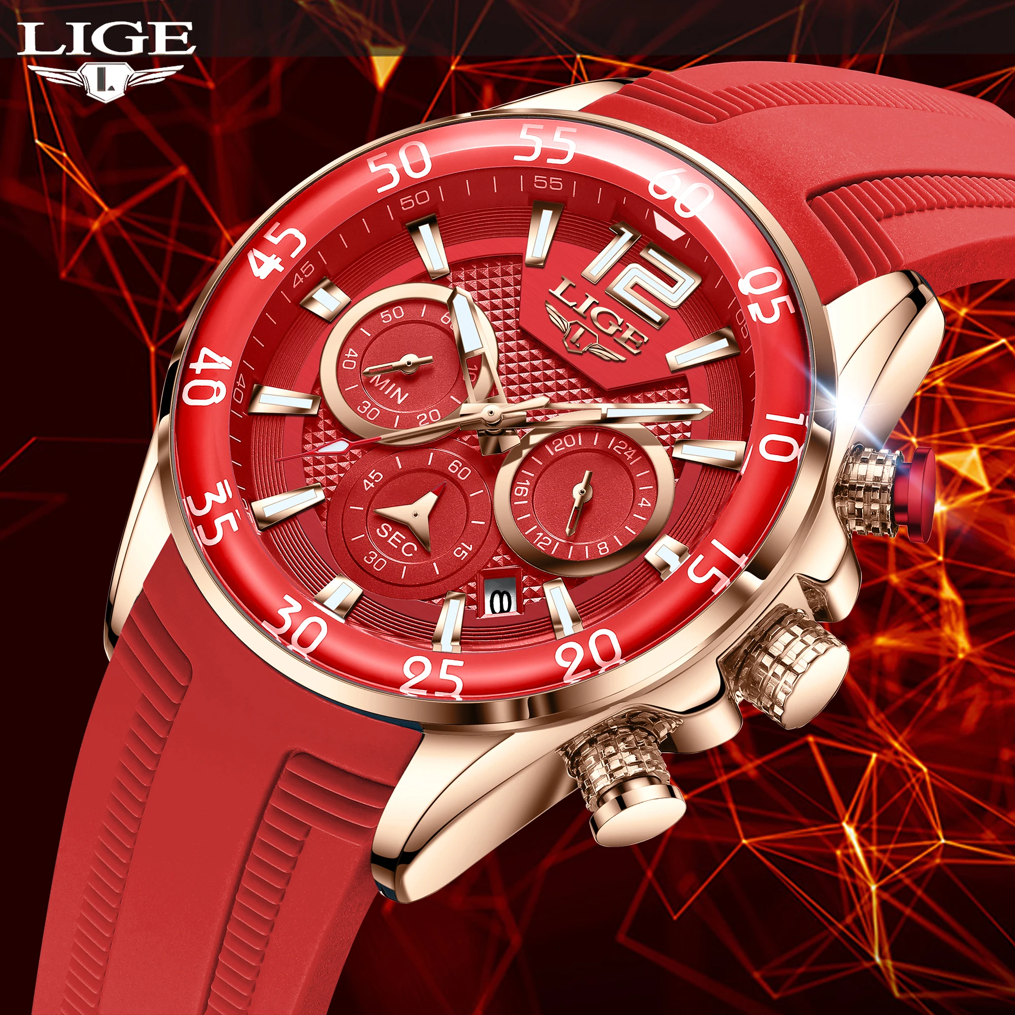 LIGE Luxury Fashion Silicone Strap Watch for Men Business Man Watches Casual Waterproof Sport Chronograph Clock Reloj Hombre+Box