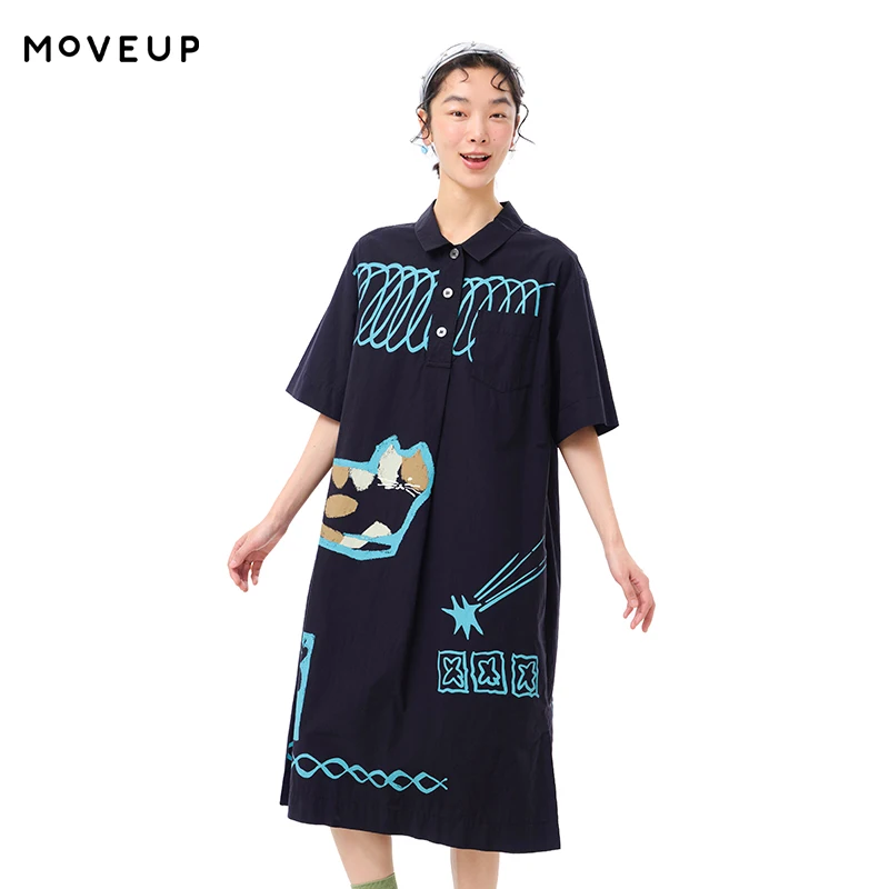 

MOVEUP Casual Short Sleeves Dress 2026 Summer New Pure Cotton Cartoon Contrast Color Printed Commuting Loose Fit Dress 325221350