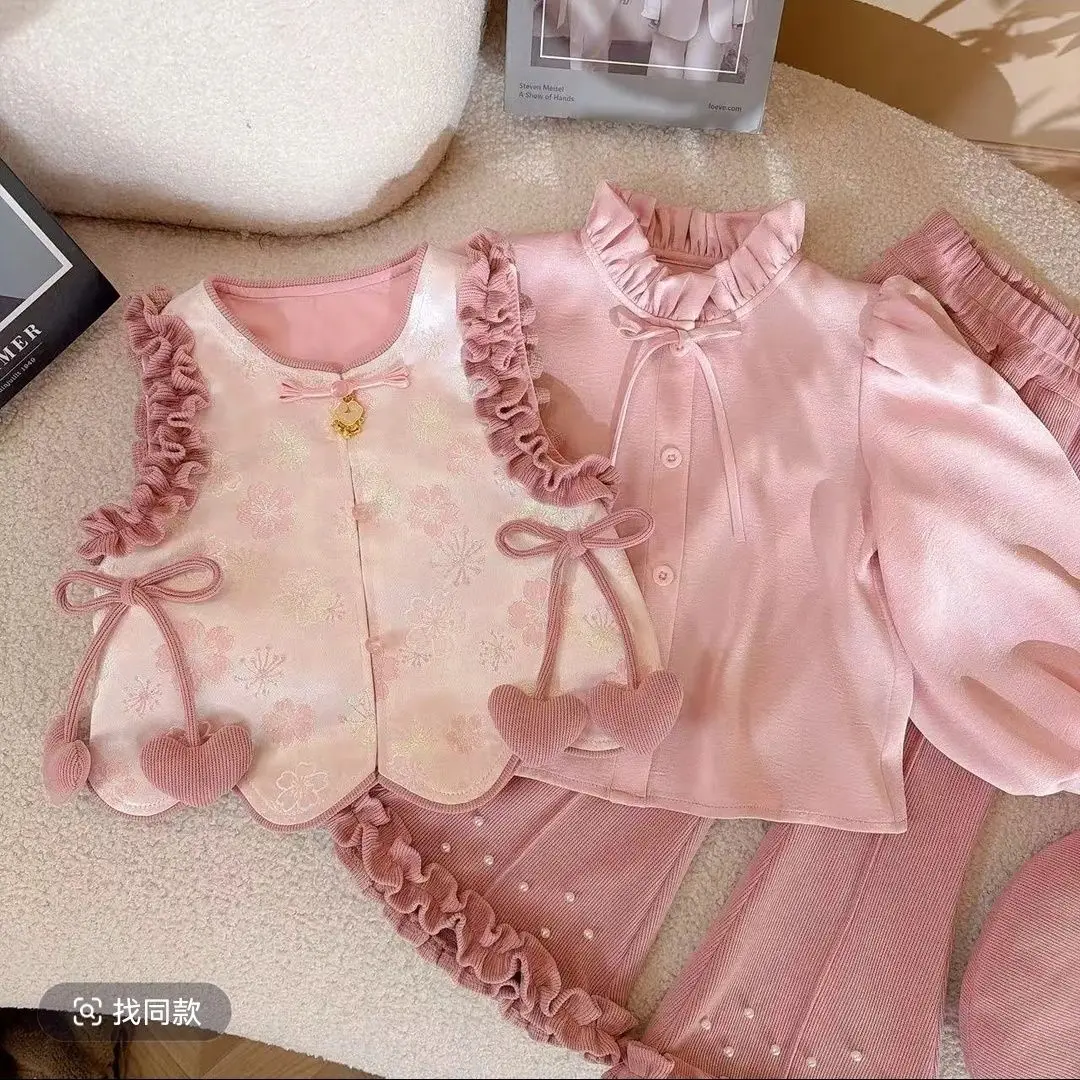 Kids Spring Autumn Set – Long Sleeve Shirt, Vest & Flare Pants, New Chinese Style 3Pcs Outfit for Girls