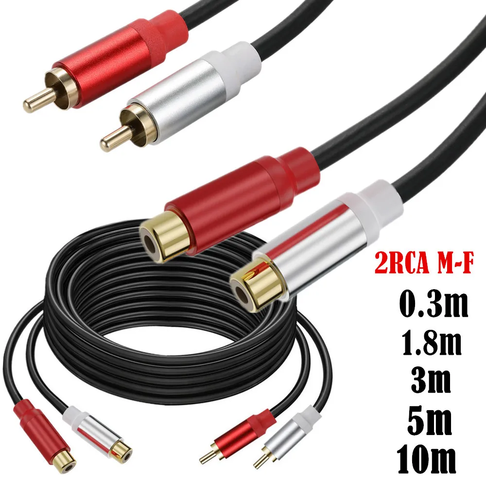 2 przedłużacze RCA, kabel RCA, pozłacana miedź 2 przedłużacz audio stereo RCA męski na żeński