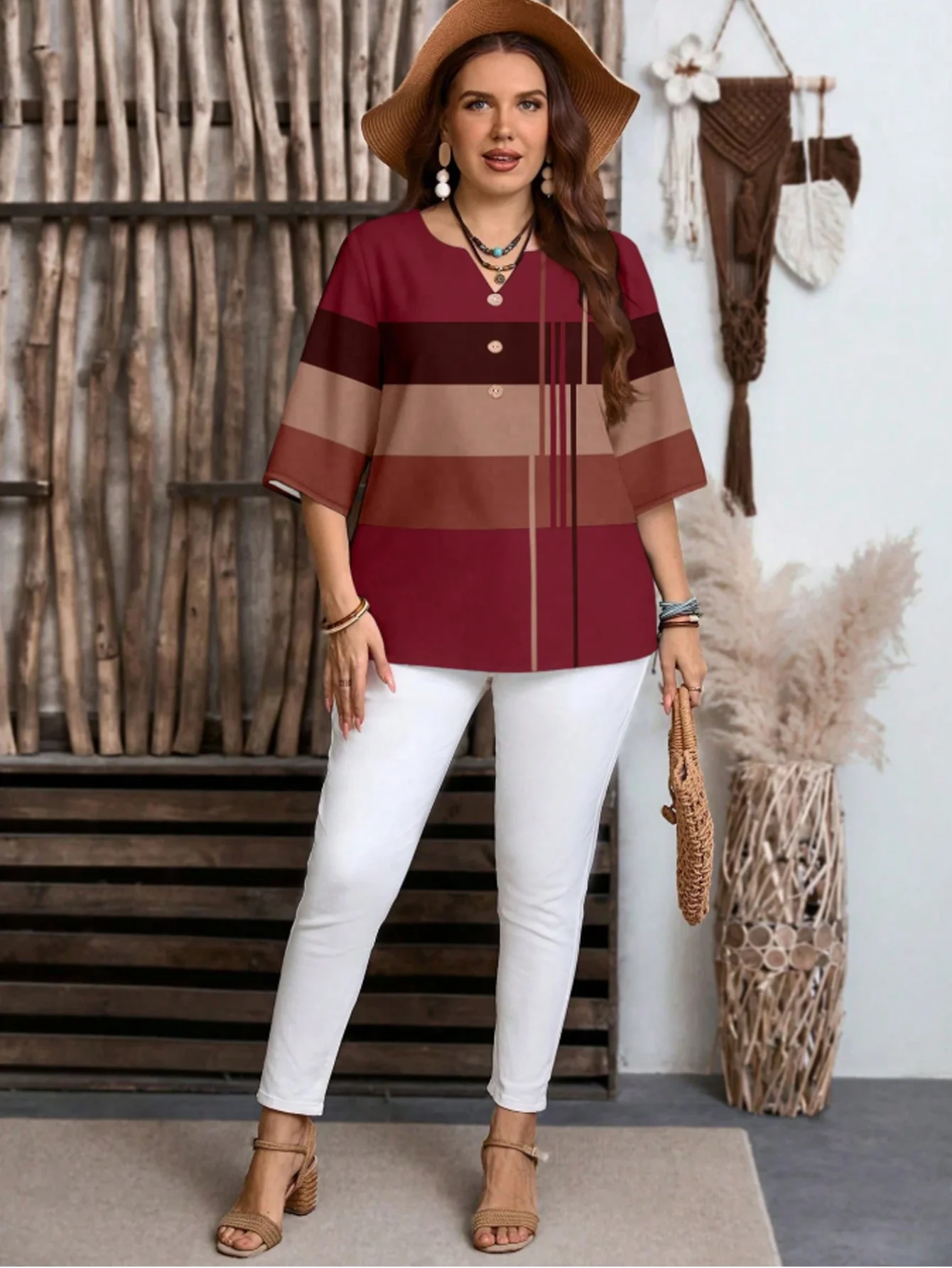 Plus-Size Damen Color-Block Minimalistisches Casual Kurzarm-Shirt Gestreiftes Halbarm-Oberteil Geeignet für Sommer und Herbst – Detail 5