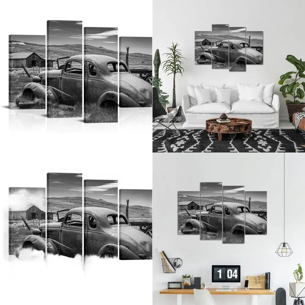 

Винтажное настенное искусство в деревенском стиле: черно-белый холст в старом грузовике, в рамке для домашнего декора