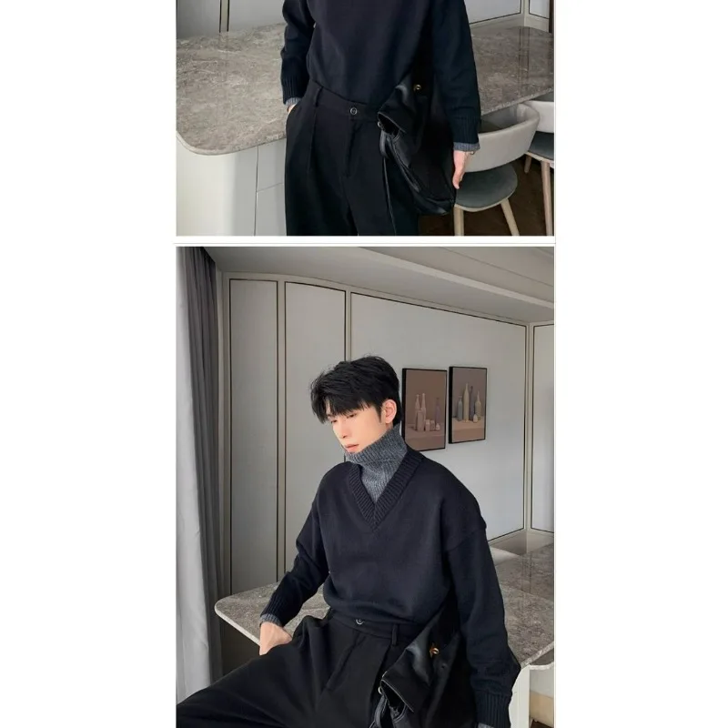 وهمية قطعتين كسول نمط المتناقضة الياقة المدورة سترة الرجال الخريف والشتاء الكورية نمط قاع قميص قمة الموضة غير رسمية #5