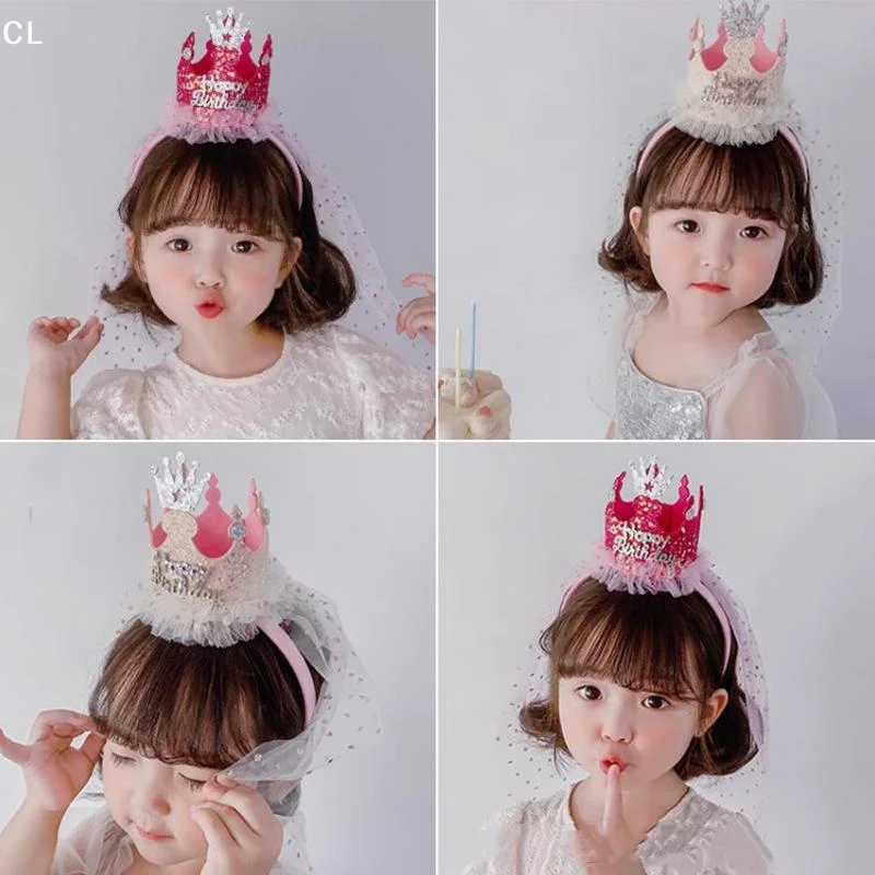 AttireTroveHappy Birthday Crown Headband With Long Sparkly Veil Princess Tiara For Girls Kids Birthday Party Photography
