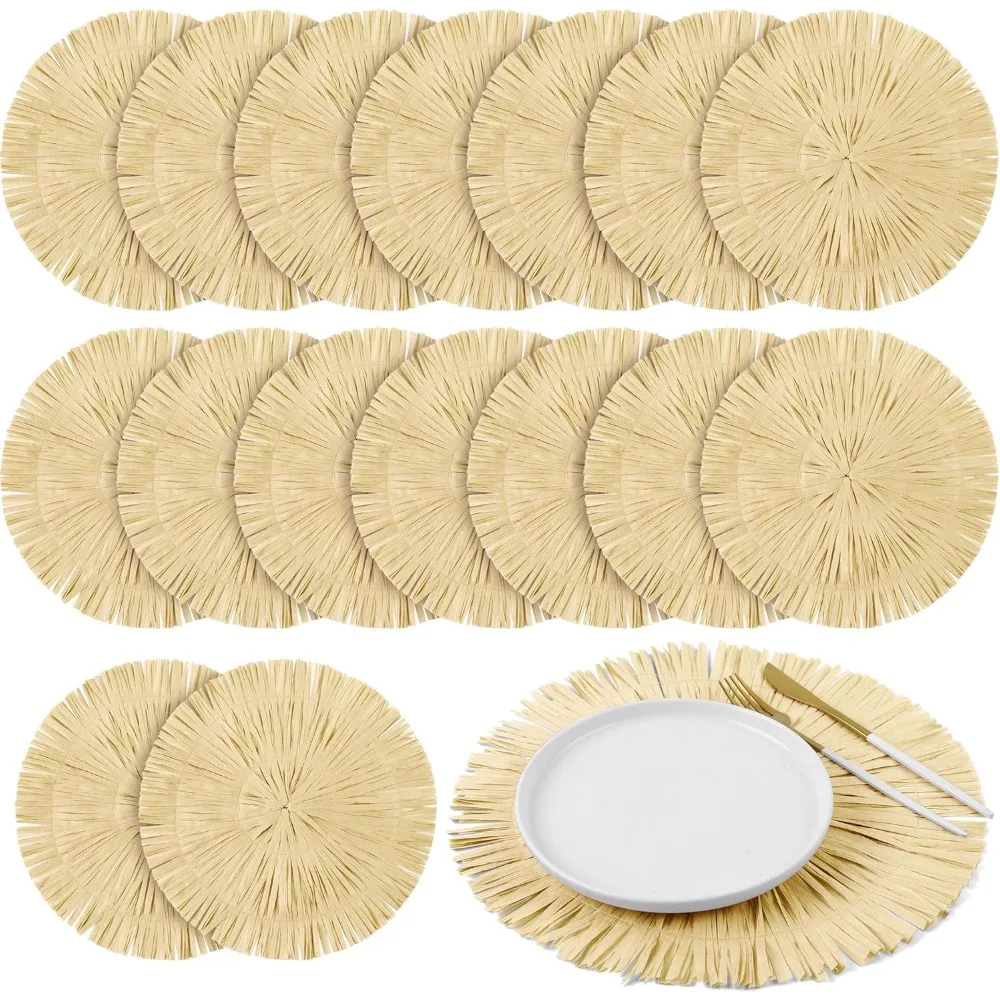 

Set of 16 Hawaiian Luau Placemats, 13 Inch Woven Boho Style with Round Straw Fringe, Macrame Design, Heat Resistant