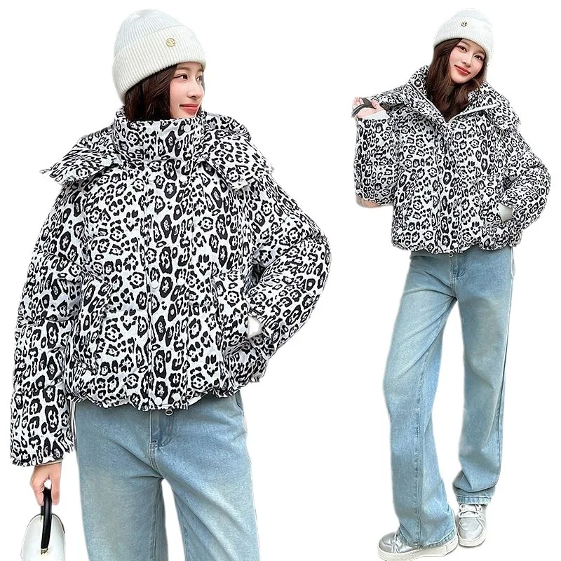Thiened Leopard Print Cotton Jaet ort American Sle Autumn Winter New Hat Cotton Coat Women Small Size down Cotton Clo...