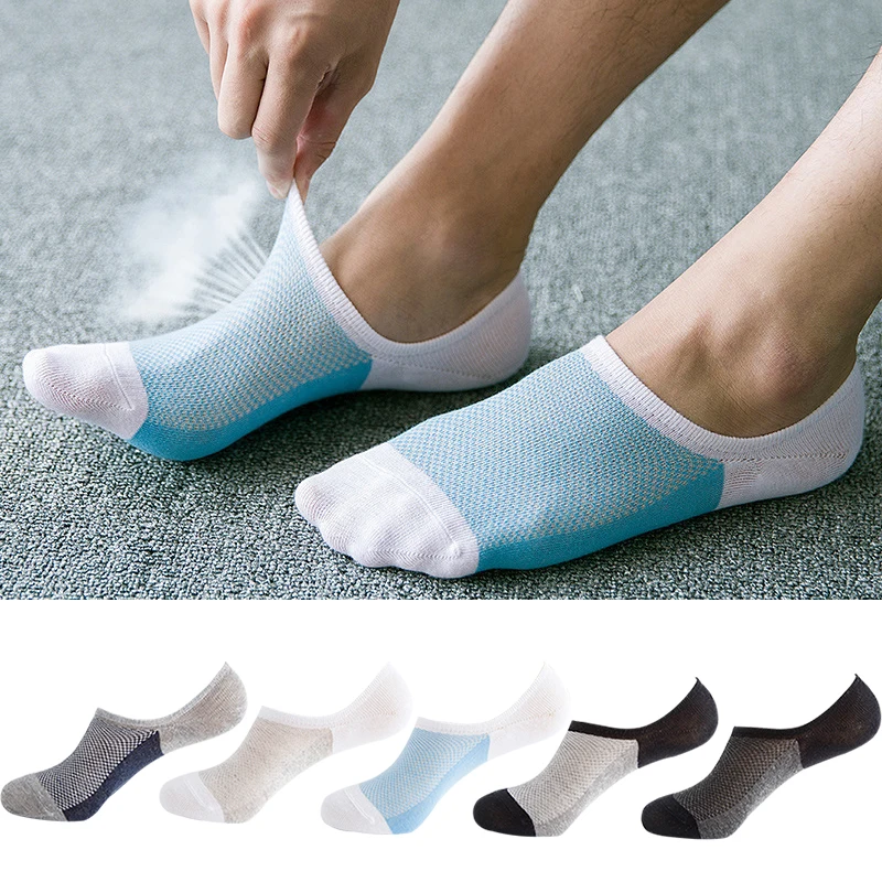 5 Pairs of High Quality Fashion Men Boat Socks Summer Non-Slip Silicone Invisible Cotton Socks Men\'s Ankle Socks Slippers Meiya