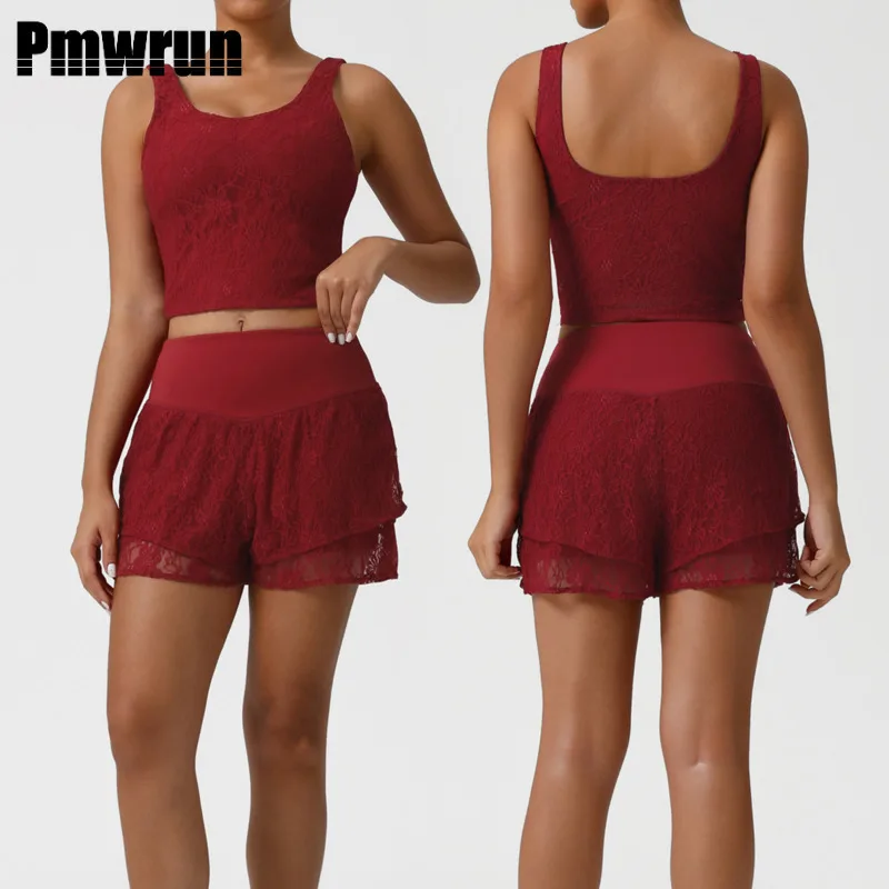 

PMWRUN женский комплект для йоги из 2 предметов, кружевной укороченный топ на бретелях и многослойные шорты, мягкий дышащий наряд для йоги, пилатеса, гостиной, новинка 2023 года