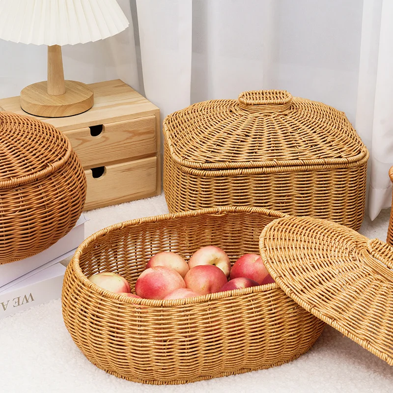 

Handwoven Imitation Rattan Basket Bin with Lid Home Decoration Shelf Baskets for Food Jewelry Cosmetics Toy Storage Basket