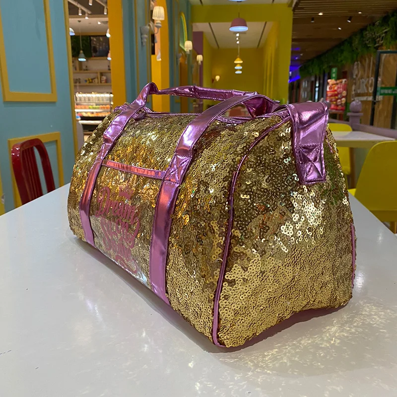 Disney Aurora Princess Gold Sequin Luggage Satchel Cartoon Sleeping Beauty Large Capacity Portable Gym Bag Shoulder Bags