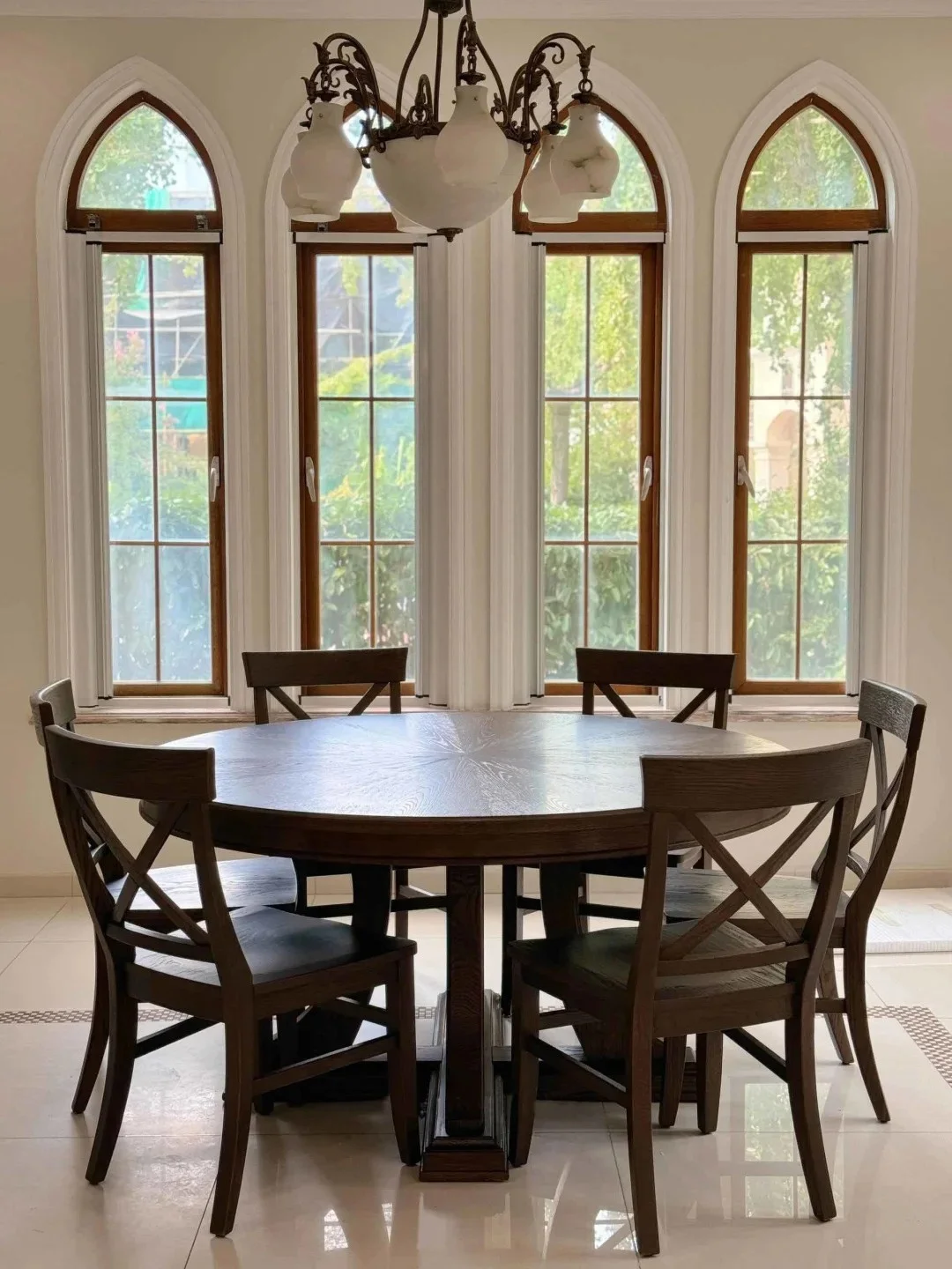 ^Medieval Solid Oak Circular Dining Table Chair Set with Rotate Feature 4-seater Raw Wood Color Distressed Finish Customizable