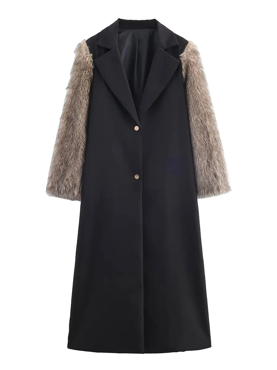 TWOTWINSTYLE Hit Color Spliced Fur Temperament Coats for Women Lapel Long Sleeves Patchwork Single Breasted Coat Female Clothing