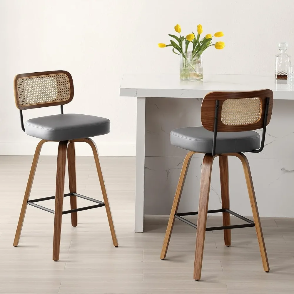 

Pair of Swivel Upholstered Faux Leather Bar Stools with Rattan Backrests and Bentwood Frames, 29 Seat Height