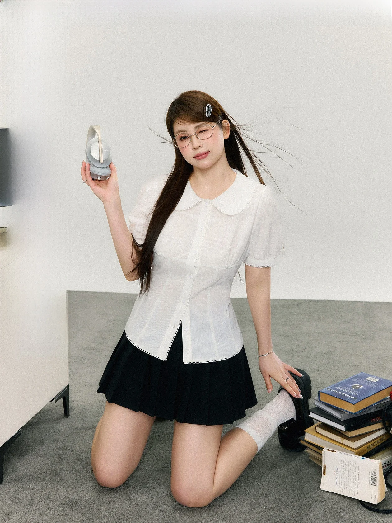 

Light Romantic plus Size irt ort Sve Waist Cinched Doll Collar Slimming Top Cotton High Waist Sweet Sle Pure Color