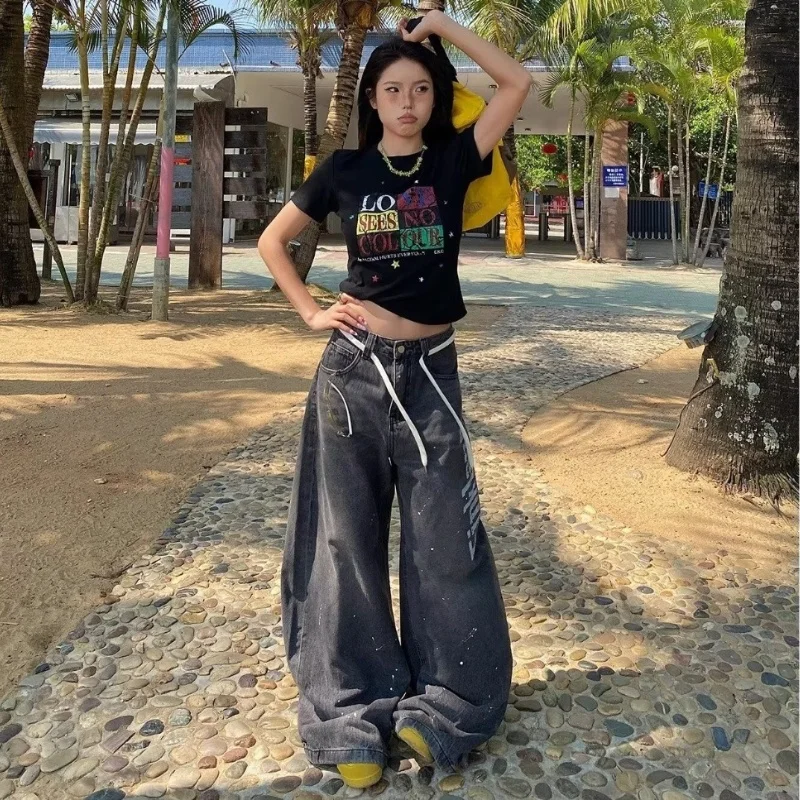 

Black Grey Women's Retro Y2K 2000s Wide Leg Baggy Casual Denim Trouser High Waist Loose Jeans Autumn Harajuku Full Length Pants