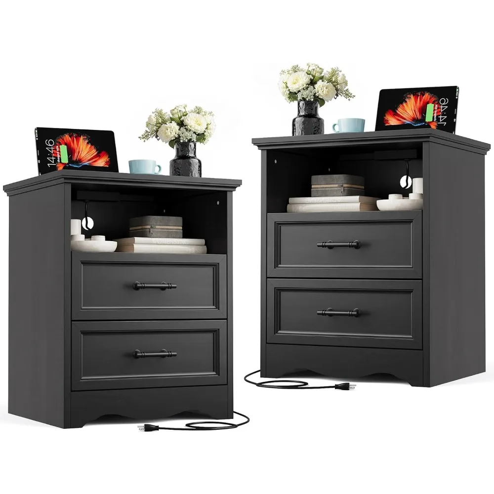 Pair of Black Farmhouse-Style Nightstands with Charging Ports and Storage Drawers