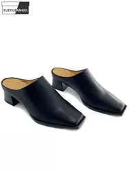 Elegant Women Summer New Square Toe Sheepskin Genuine Leather Slides Shoes Office Ladies Work Med Heels Slip On Loafers Slippers