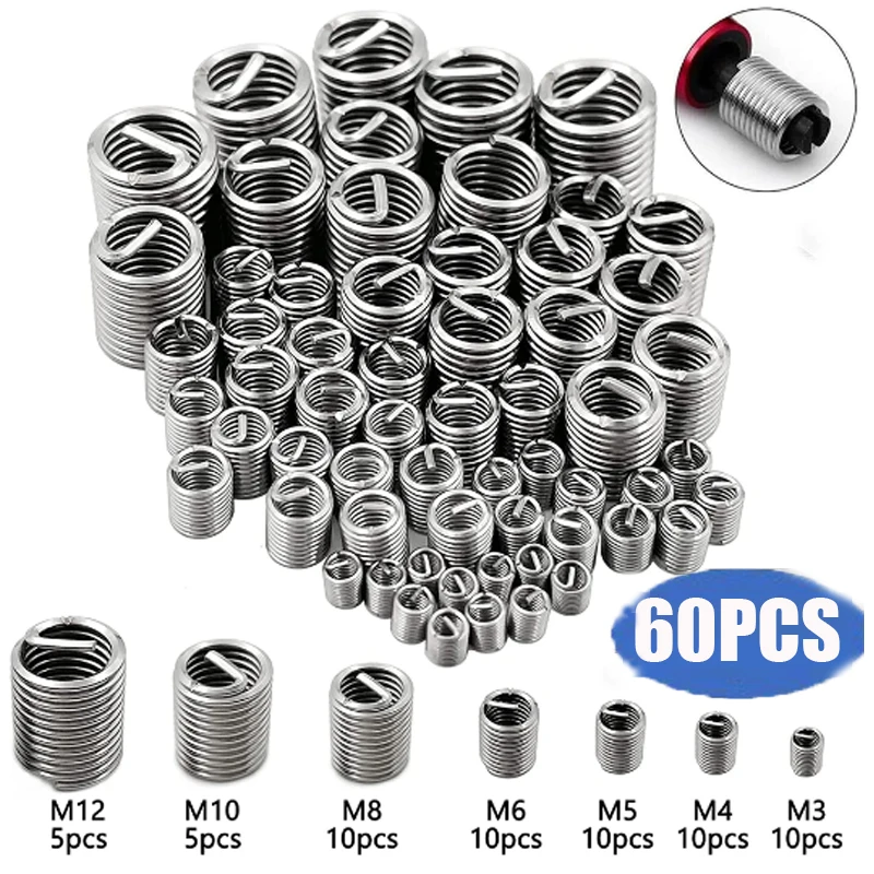 60Pcs Wire Thread Insert M3 M4 M5 M6 M8 M10 M12 Fastening Thread Insert Stainless Steel Spiral Wire Screw Sleeve Wear Repair Kit
