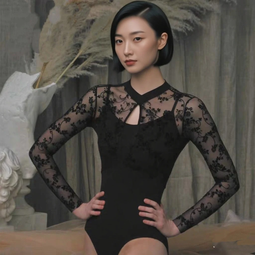 Women's High Neck Dance Leotard  Spandex Long Sleeve Ballet Gymnastics Leotards Girls Turtleneck Black Leotard With Durable Lace