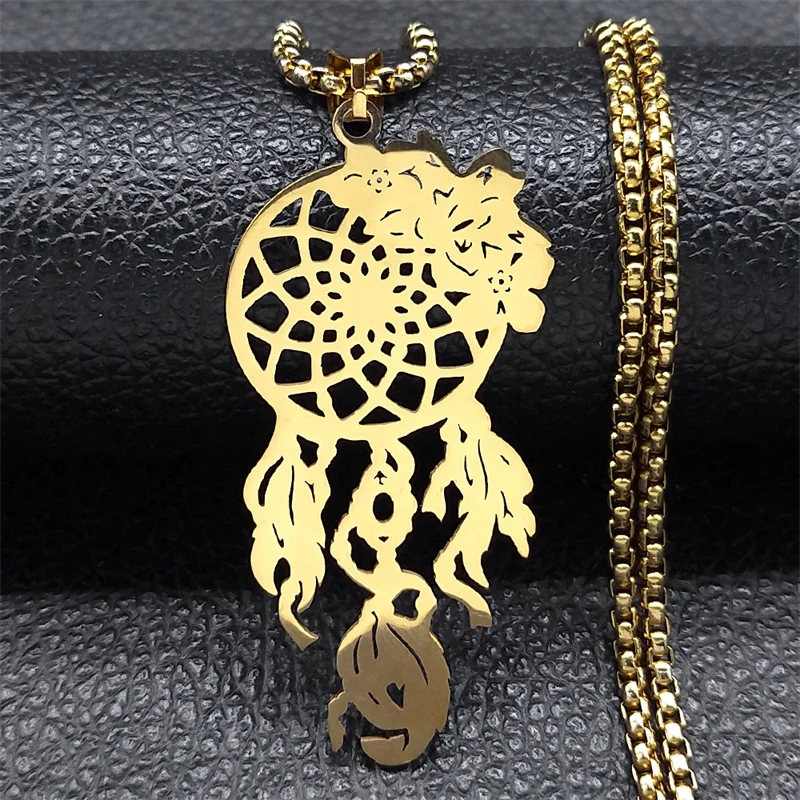 

Bohemia Dream Catcher Feather Flower Necklace for Women Men Stainless Steel Gold Color Chain Jewelry collares aesthetic N9734S01